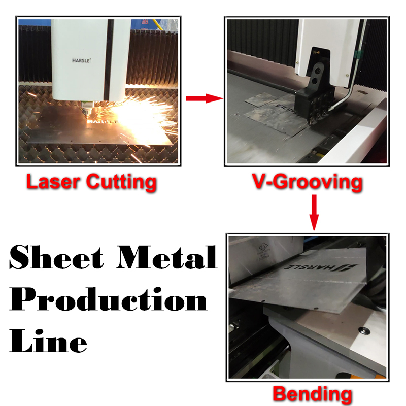 Linea di produzione in lamiera con macchina da taglio laser, macchina da scanalatura CNC V, freno CNC Press